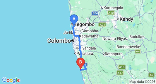 Driving route map: Colombo Airport (CMB) to Laluna Ayurveda Resort, Bentota (107 km, approx 1 h 40 min private transfer)