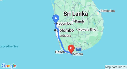 Driving route map: Colombo Airport (CMB) to Lakraj Heritage, Matara (185 km, approx 2 h 34 min private transfer)