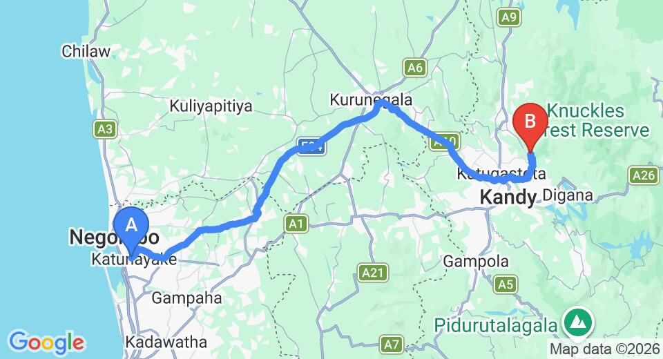Driving route map: Colombo Airport (CMB) to Simpson's Forest Hotel, Kandy (123 km, approx 3 h 11 min private transfer)