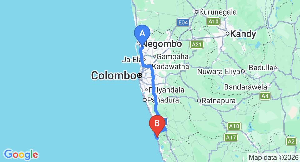Driving route map: Colombo Airport (CMB) to Zoda, Induruwa (114 km, approx 1 h 51 min private transfer)