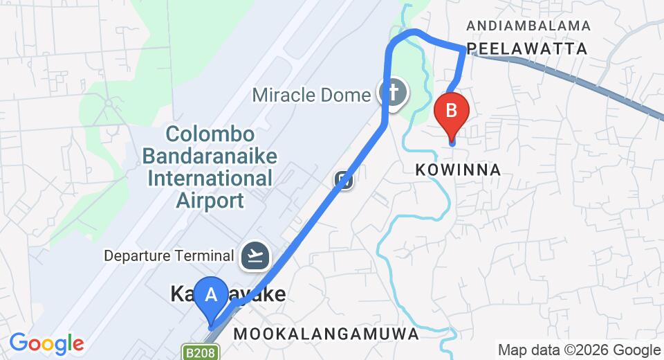 Driving route map: Colombo Airport (CMB) to Airport City Hub Hotel, Katunayake (4 km, approx 9 min private transfer)