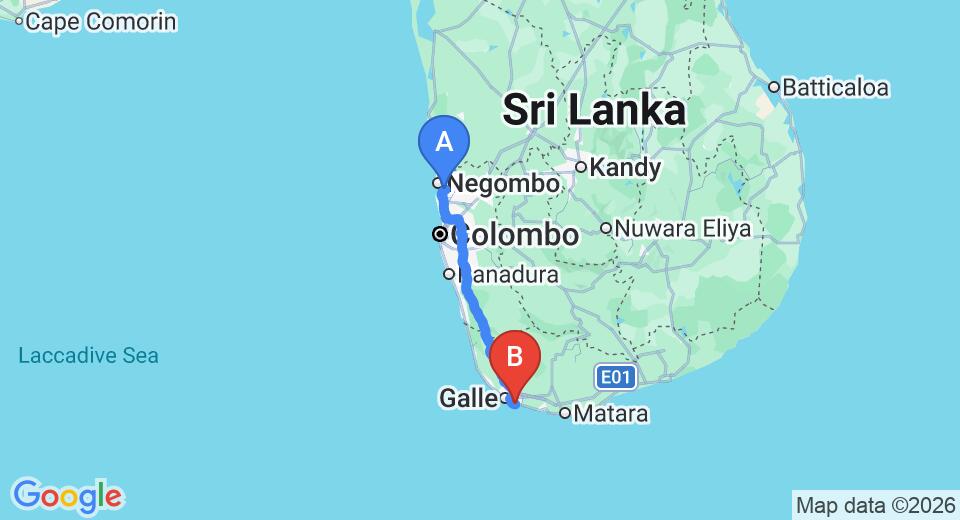 Driving route map: Colombo Airport (CMB) to Saffrons Beach Villa, Habaraduwa (155 km, approx 2 h 12 min private transfer)