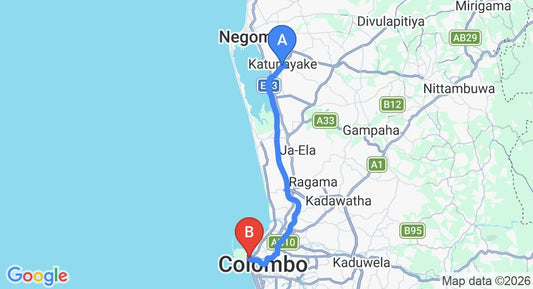 Driving route map: Colombo Airport (CMB) to Fairway, Colombo (35 km, approx 46 min private transfer)