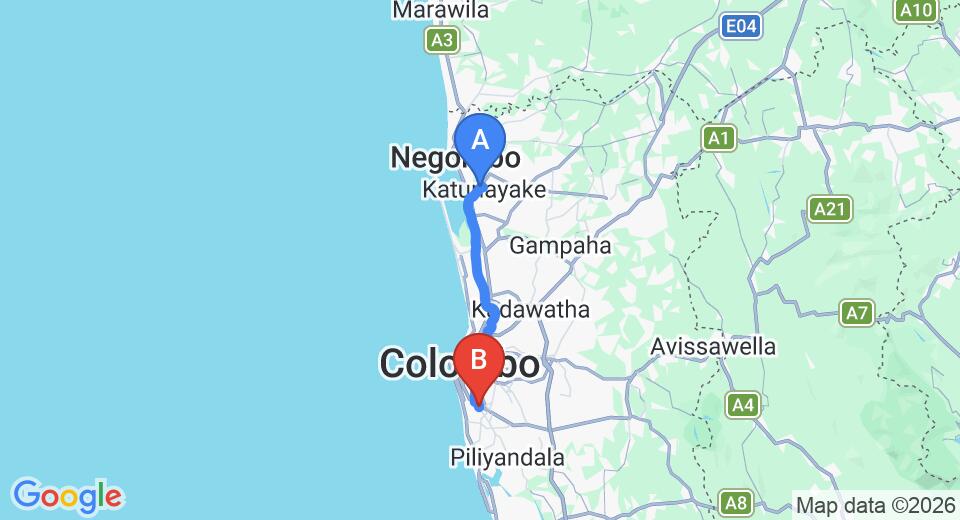 Driving route map: Colombo Airport (CMB) to Silvikris Villas, Colombo (38 km, approx 55 min private transfer)