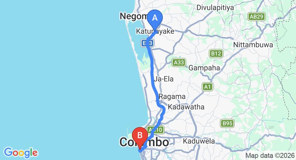 Driving route map: Colombo Airport (CMB) to Island Hostels, Colombo (36 km, approx 50 min private transfer)
