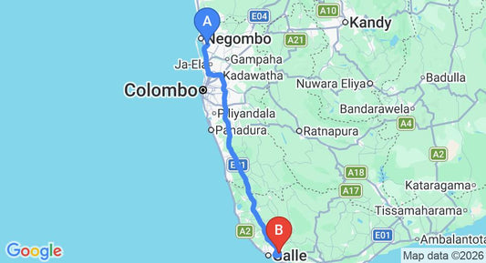 Driving route map: Colombo Airport (CMB) to Apa Villa Illuketia, Galle (153 km, approx 2 h 8 min private transfer)