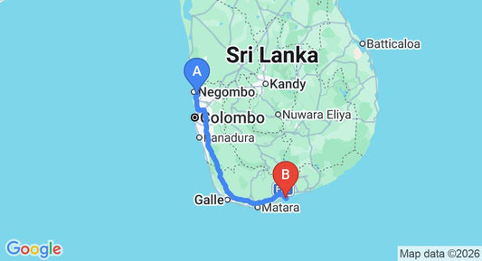 Driving route map: Colombo Airport (CMB) to Buckingham Place, Tangalle (222 km, approx 3 h 1 min private transfer)