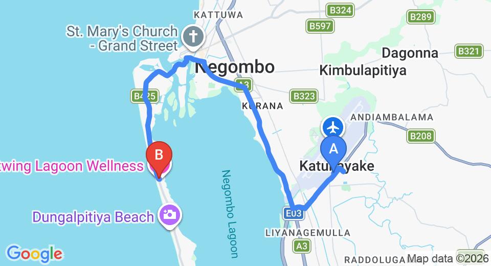 Driving route map: Colombo Airport (CMB) to Jetwing Lagoon, Negombo (16 km, approx 35 min private transfer)