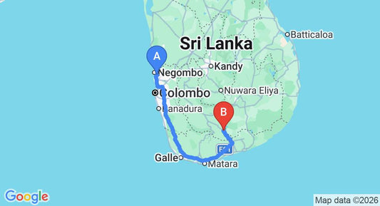 Driving route map: Colombo Airport (CMB) to Jungle House, Udawalawe (256 km, approx 3 h 35 min private transfer)