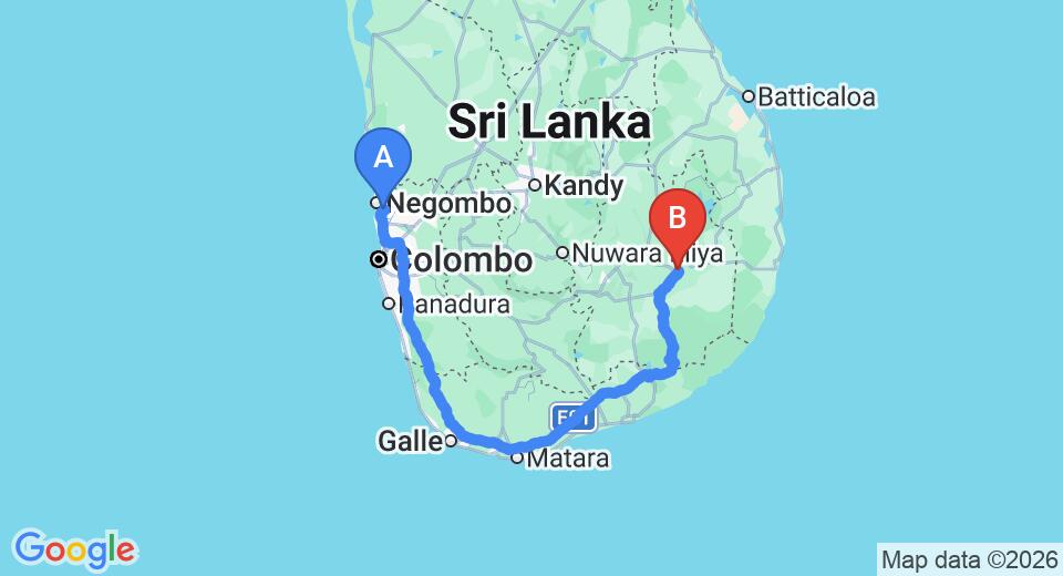 Driving route map: Colombo Airport (CMB) to Wellassa Inn, Moneragala (346 km, approx 4 h 56 min private transfer)
