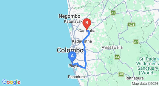Driving route map: Ratmalana (RML) Airport to Gampaha (54 km, approx 1 h 18 min private transfer)