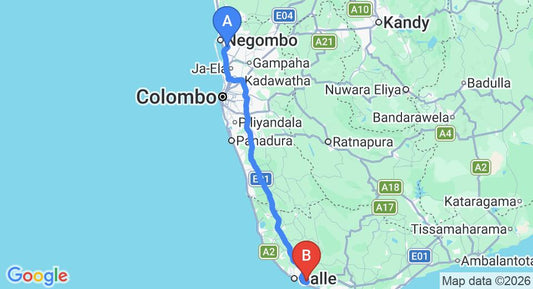 Driving route map: Colombo Airport (CMB) to Pedlars Manor, Unawatuna (155 km, approx 2 h 12 min private transfer)