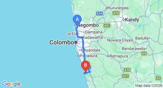 Driving route map: Colombo Airport (CMB) to Nisala Arana, Bentota (110 km, approx 1 h 45 min private transfer)