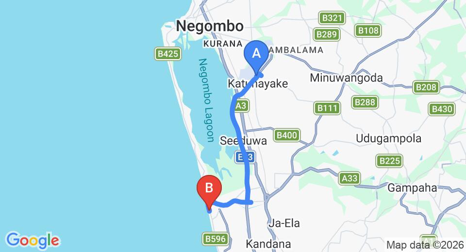 Driving route map: Colombo Airport (CMB) to Una J Villa, Pamunugama (16 km, approx 24 min private transfer)
