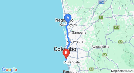 Driving route map: Colombo Airport (CMB) to Mount Air Inn, Mount Lavinia (43 km, approx 1 h 10 min private transfer)