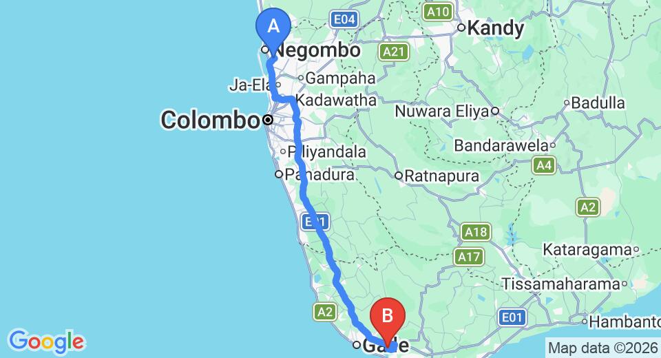 Driving route map: Colombo Airport (CMB) to Ivory House, Galle (162 km, approx 2 h 13 min private transfer)