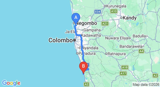Driving route map: Colombo Airport (CMB) to Induruwa Beach Resort, Induruwa (113 km, approx 1 h 48 min private transfer)