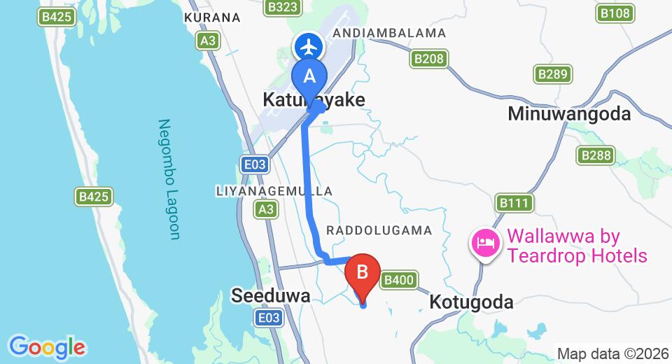 Driving route map: Colombo Airport (CMB) to New Hotel Home Feel, Ja Ela (7 km, approx 18 min private transfer)