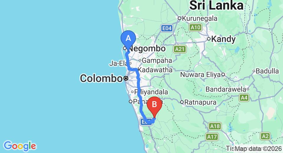 Driving route map: Colombo Airport (CMB) to Halketha, Mathugama (98 km, approx 1 h 36 min private transfer)