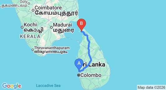Driving route map: Colombo Airport (CMB) to Lux Etoiles, Jaffna (371 km, approx 7 h 14 min private transfer)