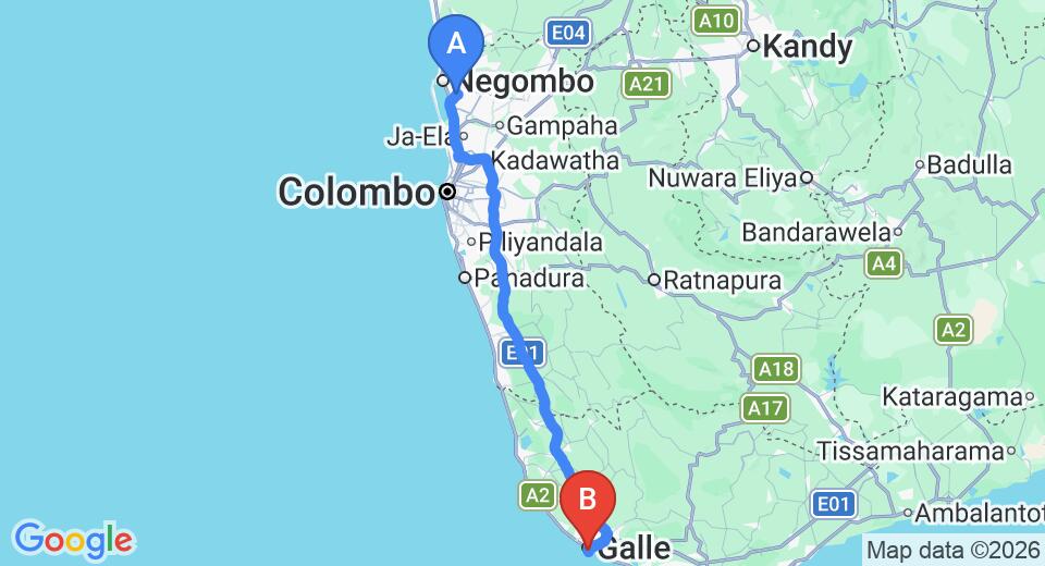 Driving route map: Colombo Airport (CMB) to Fort Heaven, Galle (153 km, approx 2 h 14 min private transfer)