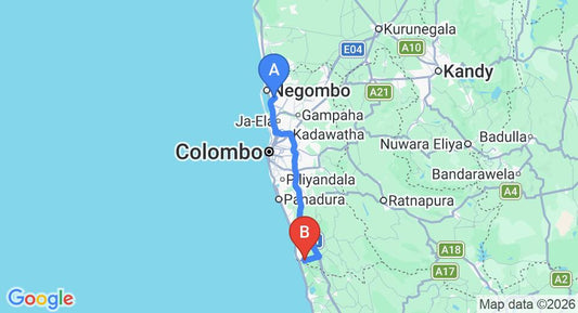 Driving route map: Colombo Airport (CMB) to Okvin River Villa, Bentota (104 km, approx 1 h 32 min private transfer)