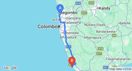 Driving route map: Colombo Airport (CMB) to Aditya Boutique Hotel, Hikkaduwa (143 km, approx 2 h 9 min private transfer)