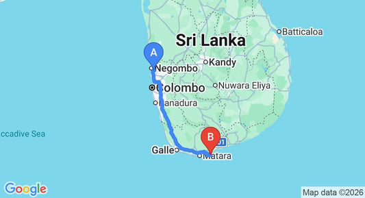 Driving route map: Colombo Airport (CMB) to Wetakeiya House, Dikwella (201 km, approx 2 h 55 min private transfer)