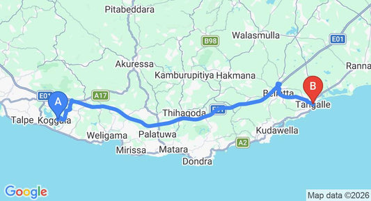 Driving route map: Koggala to Tangalle (62 km, approx 1 h 5 min private transfer)