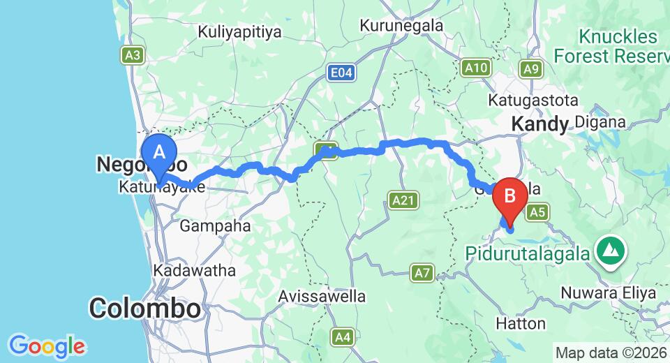 Driving route map: Colombo Airport (CMB) to Kothmale Holiday Resort, Kandy (117 km, approx 3 h 30 min private transfer)
