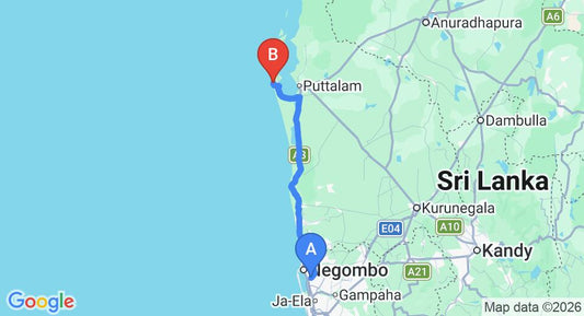 Driving route map: Colombo Airport (CMB) to Roshanne Beach Resort, Kalpitiya (118 km, approx 2 h 51 min private transfer)