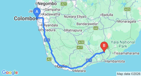 Driving route map: Colombo to Mattala (HRI) Airport (232 km, approx 3 h 12 min private transfer)