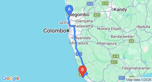 Driving route map: Colombo Airport (CMB) to Shanthi Guest House, Hikkaduwa (143 km, approx 2 h 7 min private transfer)