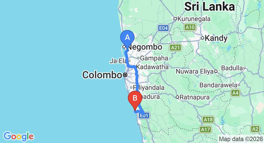 Driving route map: Colombo Airport (CMB) to Anantara Kalutara Resort, Kalutara (96 km, approx 1 h 35 min private transfer)