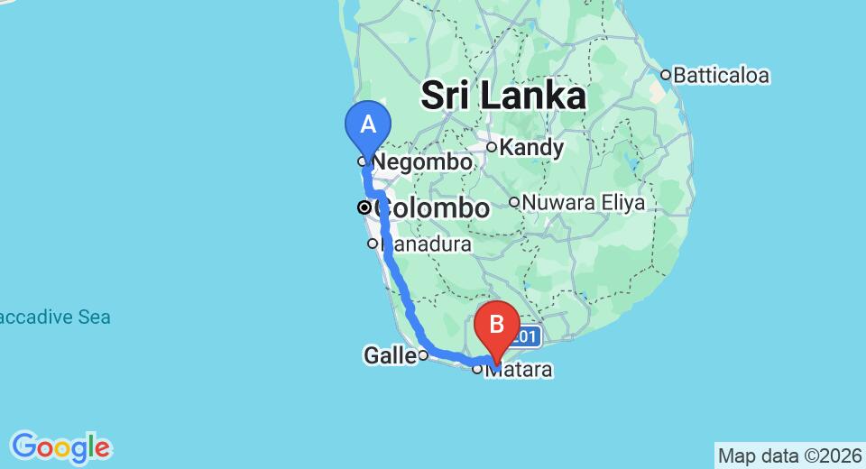 Driving route map: Colombo Airport (CMB) to Meda Gedara Villa, Matara (197 km, approx 2 h 46 min private transfer)
