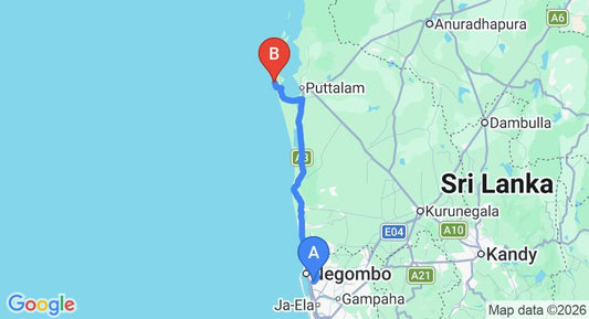 Driving route map: Colombo Airport (CMB) to Palagama Beach, Kalpitiya (120 km, approx 2 h 55 min private transfer)