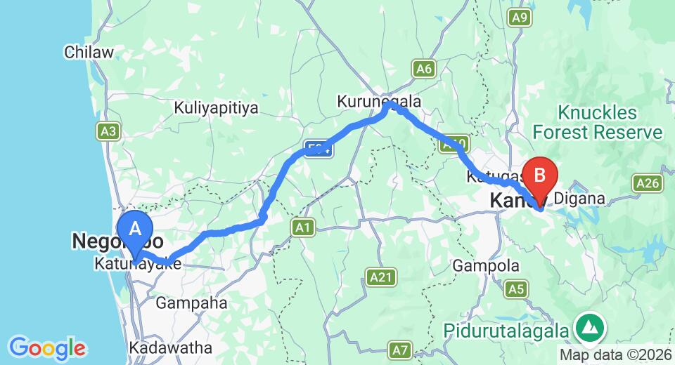 Driving route map: Colombo Airport (CMB) to Jasmine Villa Homestay, Kandy (119 km, approx 3 h 0 min private transfer)