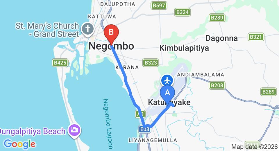 Driving route map: Colombo Airport (CMB) to Sugar Villa, Negombo (9 km, approx 20 min private transfer)