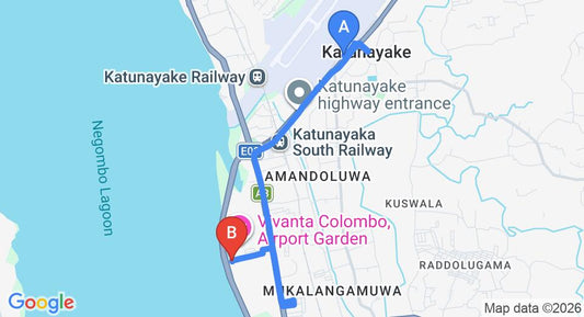 Driving route map: Colombo Airport (CMB) to Amora Lagoon Hotel, Katunayake (8 km, approx 18 min private transfer)