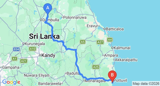 Driving route map: Sigiriya to Arugam Bay (246 km, approx 5 h 9 min private transfer)