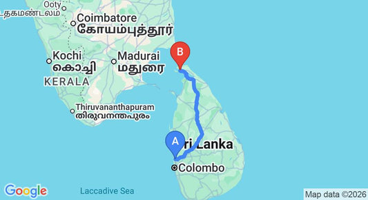 Driving route map: Colombo Airport (CMB) to The Thinnai, Jaffna (374 km, approx 7 h 20 min private transfer)