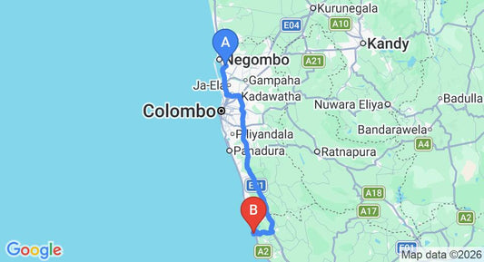 Driving route map: Colombo Airport (CMB) to Villa Thuya, Balapitiya (133 km, approx 2 h 4 min private transfer)