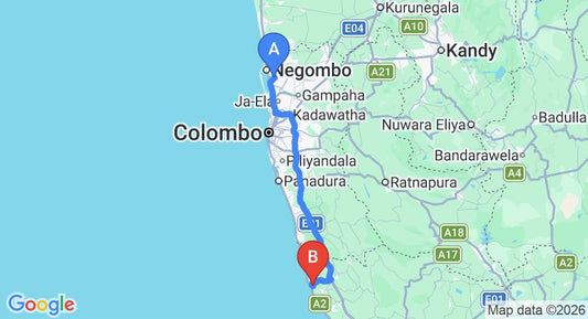 Driving route map: Colombo Airport (CMB) to Morning Sun, Ambalangoda (130 km, approx 1 h 59 min private transfer)