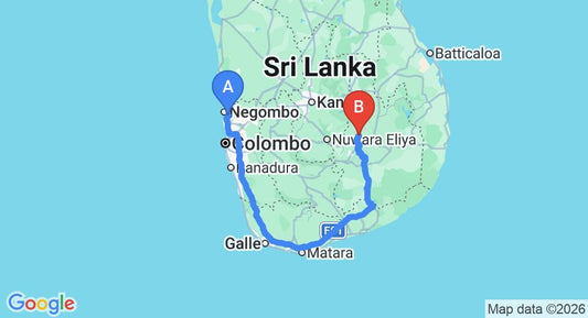 Driving route map: Colombo Airport (CMB) to Badulla New Tourist Inn, Badulla (355 km, approx 5 h 34 min private transfer)