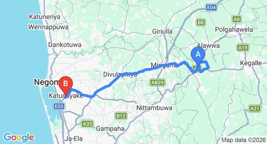 Driving route map: Ambepussa to Colombo Airport (CMB) (55 km, approx 1 h 36 min private transfer)