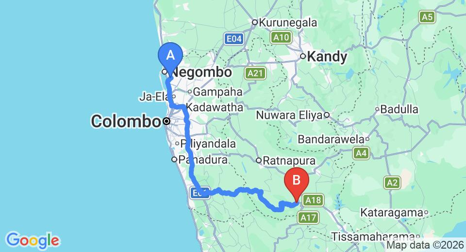 Driving route map: Colombo Airport (CMB) to Handapan Fall Holiday Resort, Rakwana (176 km, approx 3 h 49 min private transfer)