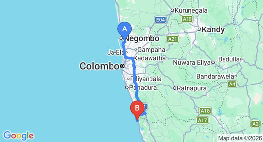 Driving route map: Colombo Airport (CMB) to Pandanus Beach Resort and Spa, Bentota (113 km, approx 1 h 47 min private transfer)