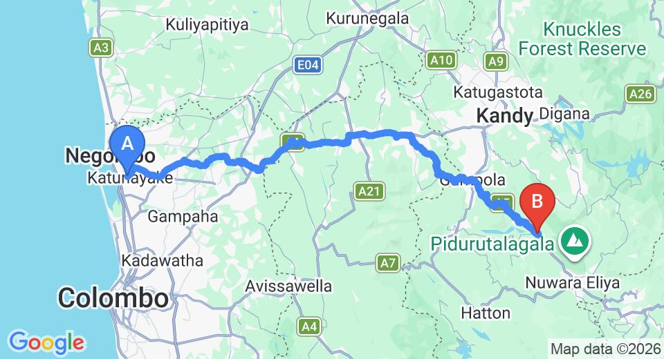 Driving route map: Colombo Airport (CMB) to Ramboda Falls Hotel, Ramboda (137 km, approx 4 h 9 min private transfer)