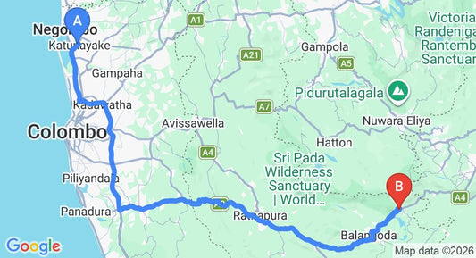 Driving route map: Colombo Airport (CMB) to Mount Field Resort, Belihuloya (180 km, approx 4 h 10 min private transfer)