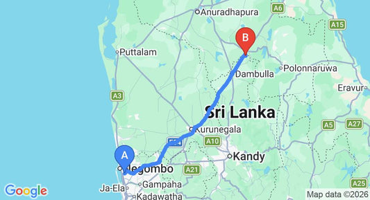 Driving route map: Colombo Airport (CMB) to Eth Mansala Holiday Bungalow, Dambulla (150 km, approx 3 h 15 min private transfer)